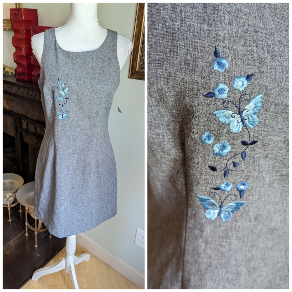 Y2K 2000s Wmns Medium Butterfly Embroidery Grey Sleeveless Pencil Dress NWT 174